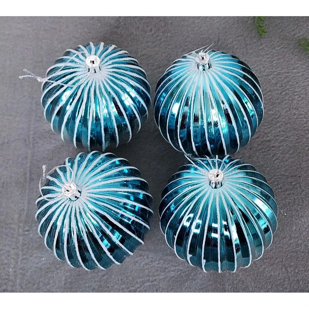 4 Blue‎ & Silver Striped Christmas Round Ball Ornaments Coastal Plastic 4